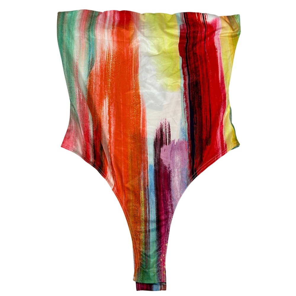 Fashion Nova Living Art Tube Bodysuit Red Combo Abstract Print Strapless S NEW